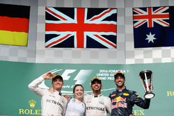 The podium (L to R): Nico Rosberg, Mercedes AMG F1, second; Victoria Vowles, Mercedes AMG F1 Partner Services Director; Lewis Hamilton, Mercedes AMG F1, race winner; Daniel Ricciardo, Red Bull Racing, third.