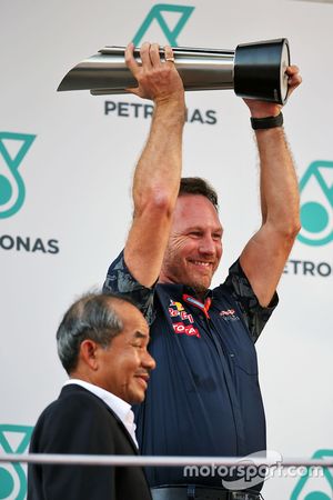 Christian Horner, Red Bull Racing Team Principal celebrates on the podium