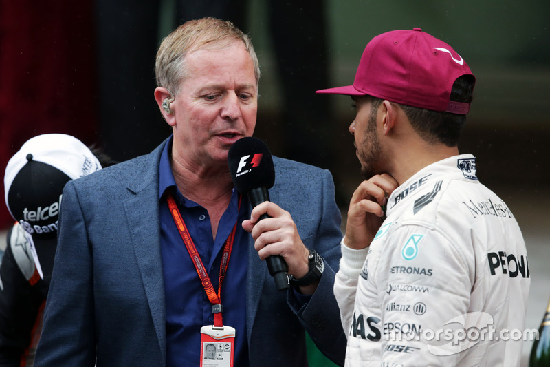 (L to R): Martin Brundle, Sky Sports Commentator with Lewis Hamilton, Mercedes AMG F1 at the podium