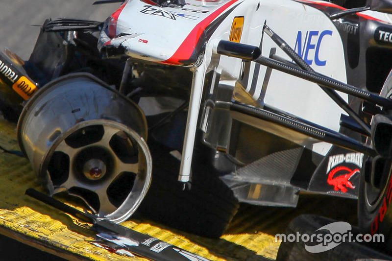 The car of Sergio Perez, Sauber F1 Team after his crash at Monaco GP