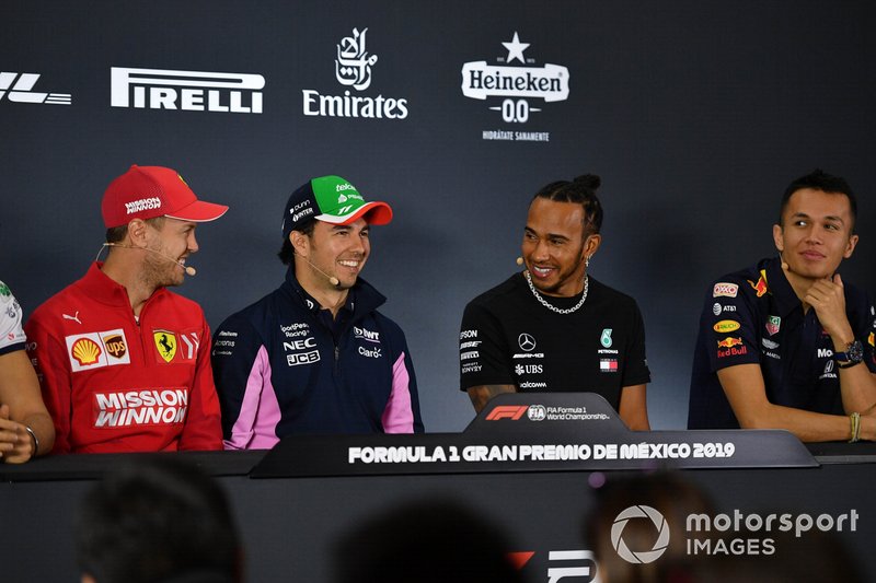 Sebastian Vettel, Ferrari, Sergio Perez, Racing Point, Lewis Hamilton, Mercedes AMG F1 et Alex Albon, Red Bull Racing, en conférence de presse