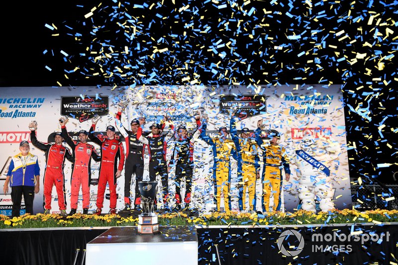 #62 Risi Competizione Ferrari 488 GTE, GTLM: James Calado, Alessandro Pier Guidi, Daniel Serra, #31 Whelen Engineering Racing Cadillac DPi, DPi: Felipe Nasr, Pipo Derani, Eric Curran, #96 Turner Motorsport BMW M6 GT3, GTD: Bill Auberlen, Robby Foley, Dillon Machavern