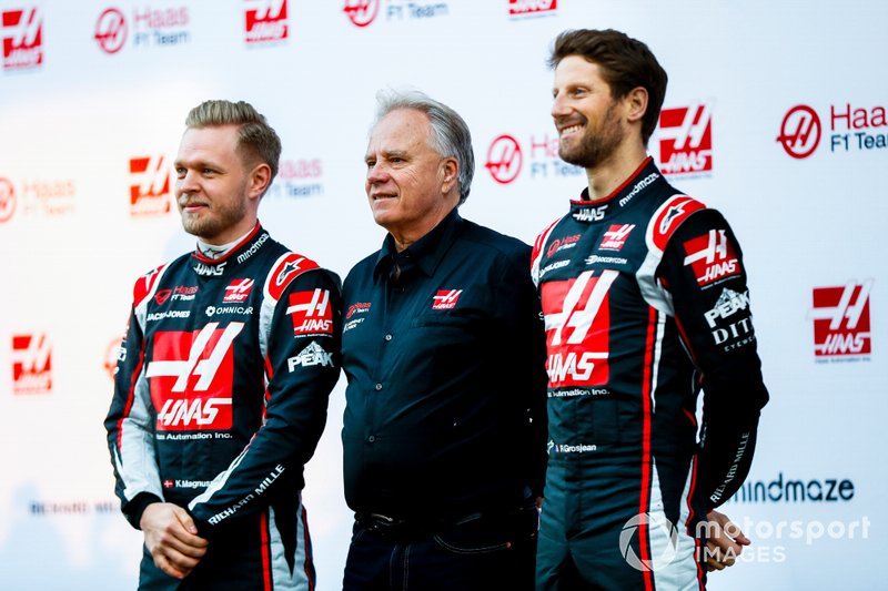 Romain Grosjean, Haas F1 Team, Gene Haas, Owner and Founder, Haas F1 Team and Kevin Magnussen, Haas F1 Team at the unveiling of the Haas VF-20