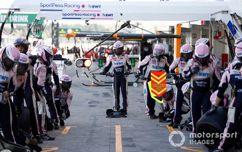 Racing Point mechanics practice a pit stop