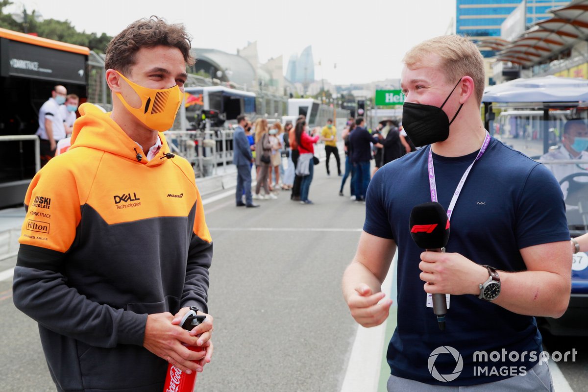 Lando Norris, McLaren, talks to Billy Monger, TV Presenter