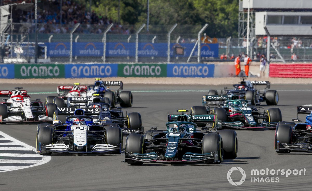 Sebastian Vettel, Aston Martin AMR21, George Russell, Williams FW43B, Pierre Gasly, AlphaTauri AT02, Lance Stroll, Aston Martin AMR21