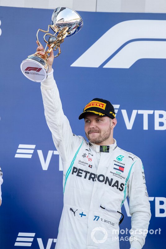 second place Valtteri Bottas, Mercedes AMG W10 §celebrates on the podium