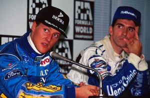 Persconferentie Michael Schumacher, Benetton en Damon Hill, Williams