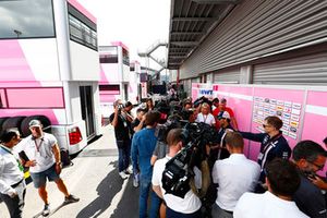 Sergio Perez, Force India, talks to the media