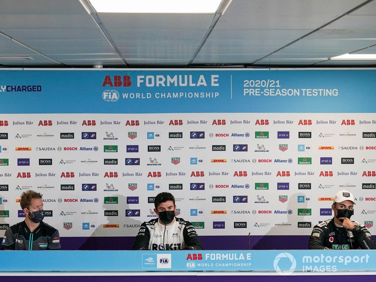 Sam Bird, Panasonic Jaguar Racing, Norman Nato, Venturi Racing, Pascal Wehrlein, Tag Heuer Porsche, en la conferencia de prensa