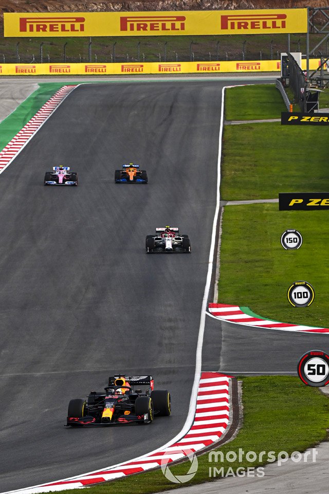Max Verstappen, Red Bull Racing RB16, Antonio Giovinazzi, Alfa Romeo Racing C39, Lance Stroll, Racing Point RP20, and Lando Norris, McLaren MCL35