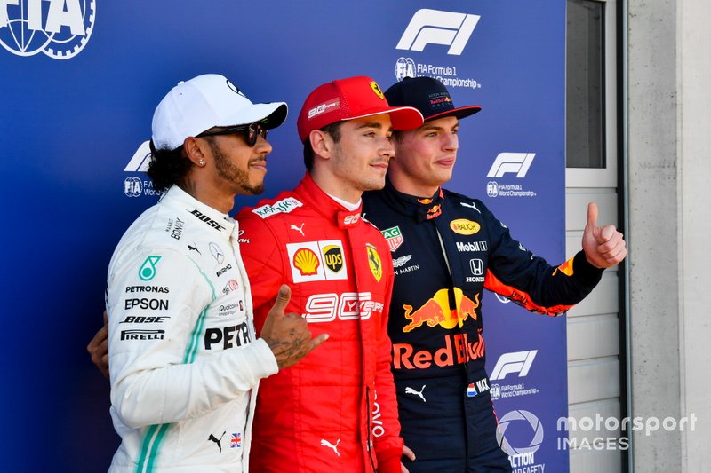 Top three Qualifiers Lewis Hamilton, Mercedes AMG F1, Pole sitter Charles Leclerc, Ferrari, and Max Verstappen, Red Bull Racing