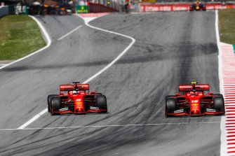 Sebastian Vettel, Ferrari SF90, battles with Charles Leclerc, Ferrari SF90