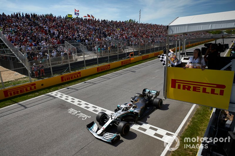 Lewis Hamilton, Mercedes AMG F1 W10, 1st position, takes the chequered flag