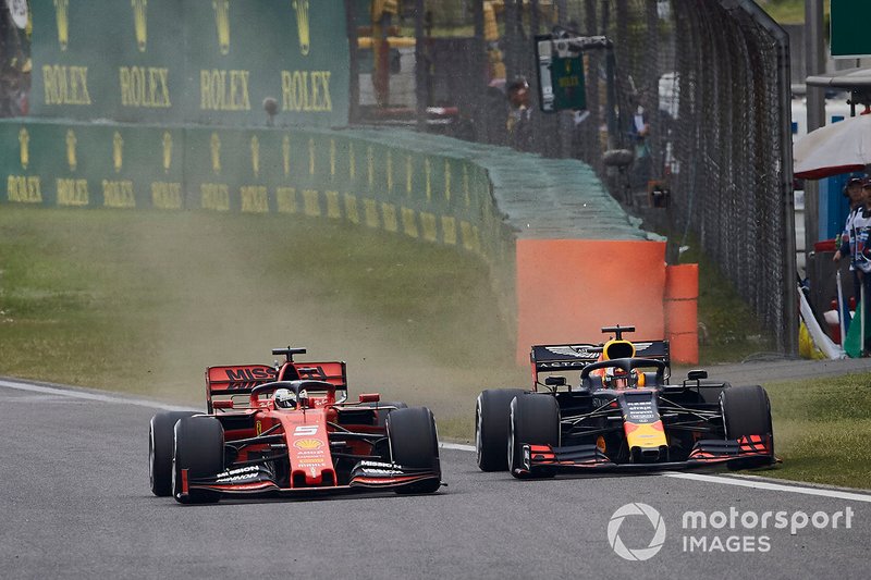 Sebastian Vettel, Ferrari SF90, lotta con Max Verstappen, Red Bull Racing RB15