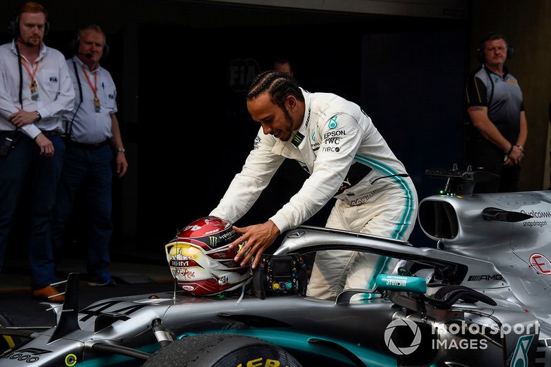 Lewis Hamilton, Mercedes AMG F1, 1st position, celebrates on arrival in Parc Ferme