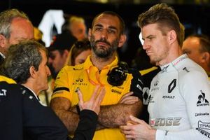 Alain Prost with Cyril Abiteboul, Managing Director, Renault F1 Team, and Nico Hulkenberg, Renault F1 Team