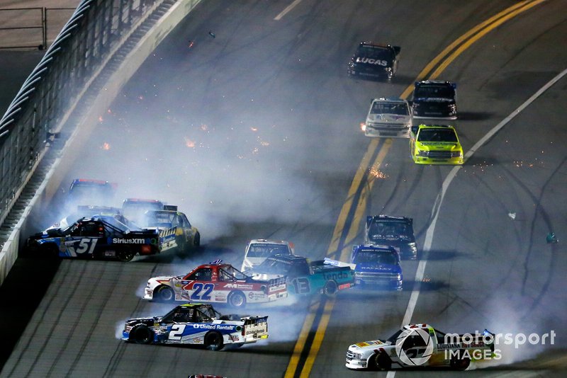 Christian Eckes, Kyle Busch Motorsports, Toyota Tundra SiriusXM, Myatt Snider, ThorSport Racing, Ford F-150 and Sheldon Creed, GMS Racing, Chevrolet Silverado United Rentals/A.M.Ortega crash