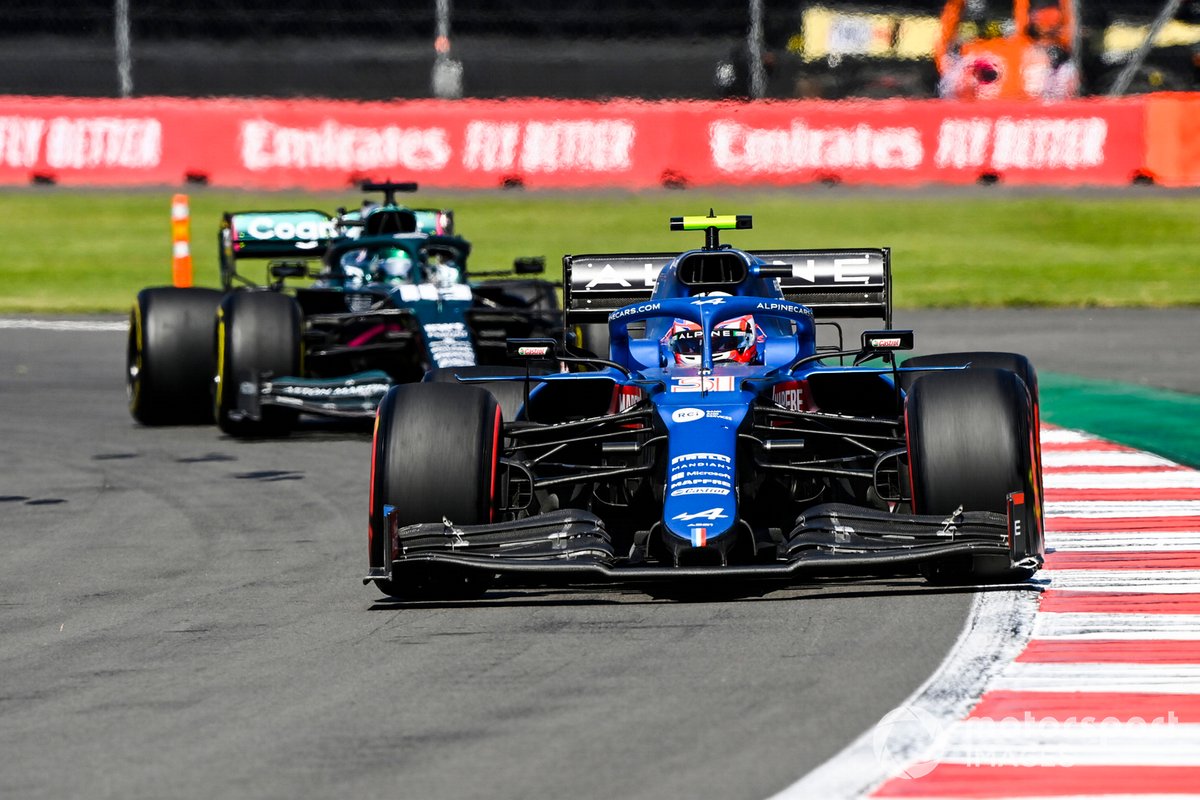 Esteban Ocon, Alpine A521, Lance Stroll, Aston Martin AMR21