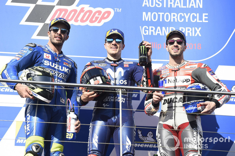 Podium: race winner Maverick Viñales, Yamaha Factory Racing, second place Andrea Iannone, Team Suzuki MotoGP, third place Andrea Dovizioso, Ducati Team