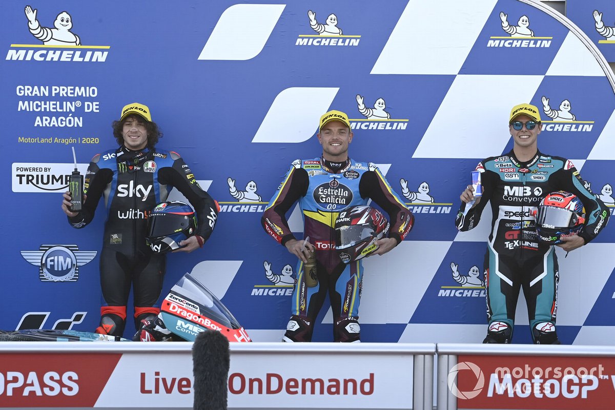 Polesitter Sam Lowes, Marc VDS Racing, second place Marco Bezzecchi, Sky Racing Team VR46, third place Fabio Di Giannantonio, Speed Up Racing