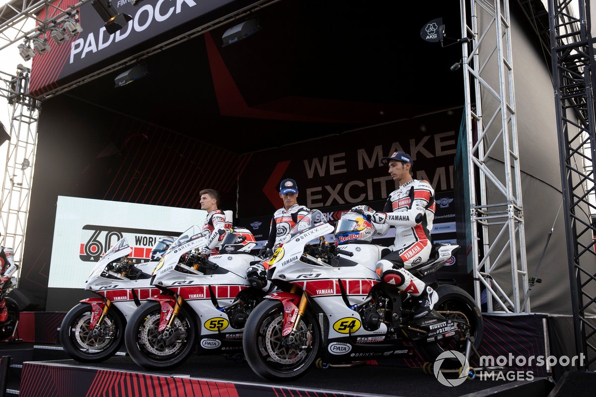 Garrett Gerloff, GRT Yamaha WorldSBK Team, Andrea Locatelli, PATA Yamaha WorldSBK Team, Toprak Razgatlioglu, PATA Yamaha WorldSBK Team unveil their new Yamaha 60 years anniversary Yamaha R1's