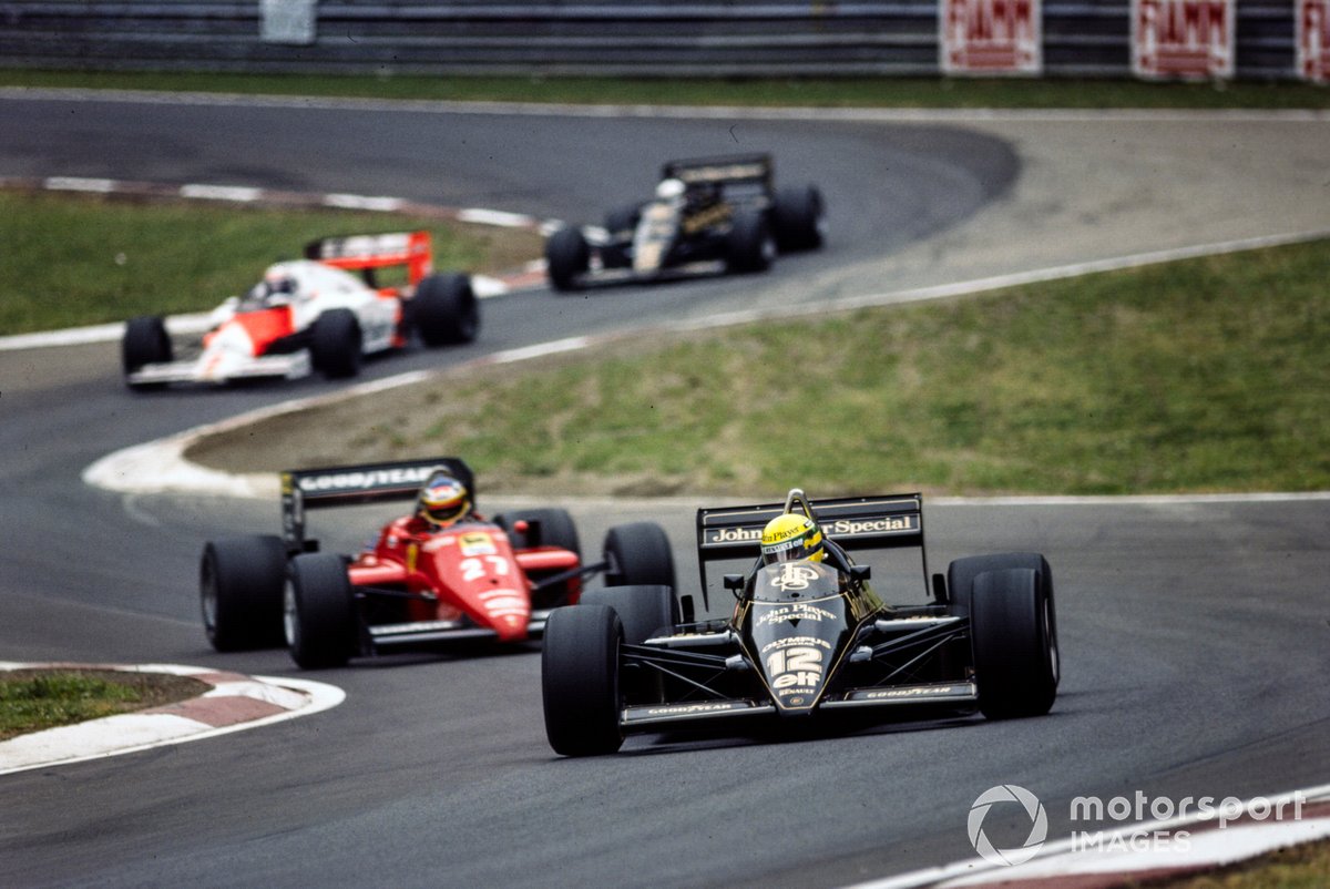 Ayrton Senna, Lotus 97T Renault leads Michele Alboreto, Ferrari 156/85