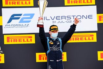 Race Winner Dan Ticktum, Dams celebrates on the podium with the trophy