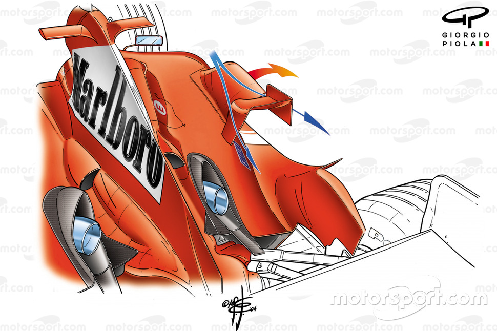 Ferrari F2004 (655) 2004, passaggio dell'aria attraverso la ciminiera sulla fiancata laterale