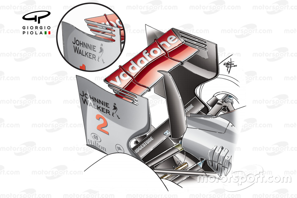 McLaren MP4-25 rear wing endplate louvres conjoined with flaps