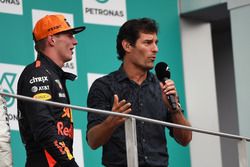 Max Verstappen, Red Bull Racing and Mark Webber,  on the podium