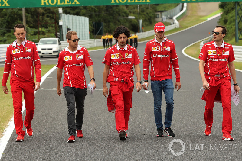 Sebastian Vettel, Ferrari and Antonio Giovinazzi, Ferrari Test and Reserve Driver walk the track