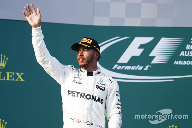 Lewis Hamilton, Mercedes AMG, 2nd Position, celebrates on the podium