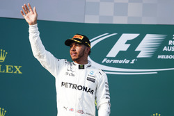 Lewis Hamilton, Mercedes AMG, 2nd Position, celebrates on the podium