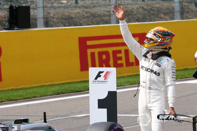 Lewis Hamilton, Mercedes AMG F1, celebrates a record equalling 68th Pole start