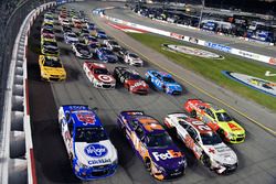 A.J. Allmendinger, JTG Daugherty Racing Chevrolet, Denny Hamlin, Joe Gibbs Racing Toyota, Matt Kenseth, Joe Gibbs Racing Toyota, Dale Earnhardt Jr., Hendrick Motorsports Chevrolet four wide salute to the fans
