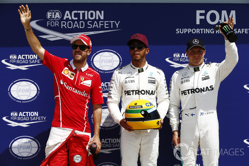 Qualifying Top 3: polesitter Lewis Hamilton, Mercedes AMG F1, second place Sebastian Vettel, Ferrari, third place Valtteri Bottas, Mercedes AMG F1