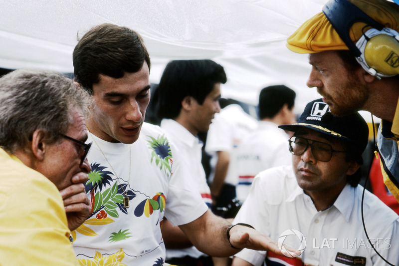 Gerard Ducarouge, Lotus Designer, Ayrton Senna, Lotus, Osamu Goto, Honda Racing Team Leader, and Steve Hallam, Lotus Engineer