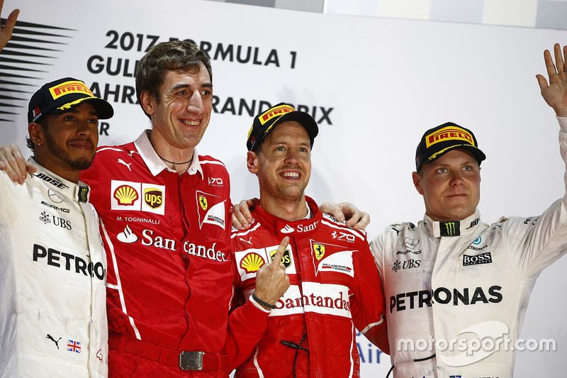 Podium: winner Sebastian Vettel, Ferrari, second place Lewis Hamilton, Mercedes AMG F1, third place Valtteri Bottas, Mercedes AMG F1, Matteo Togninalli, Chief Race Engineer, Ferrari