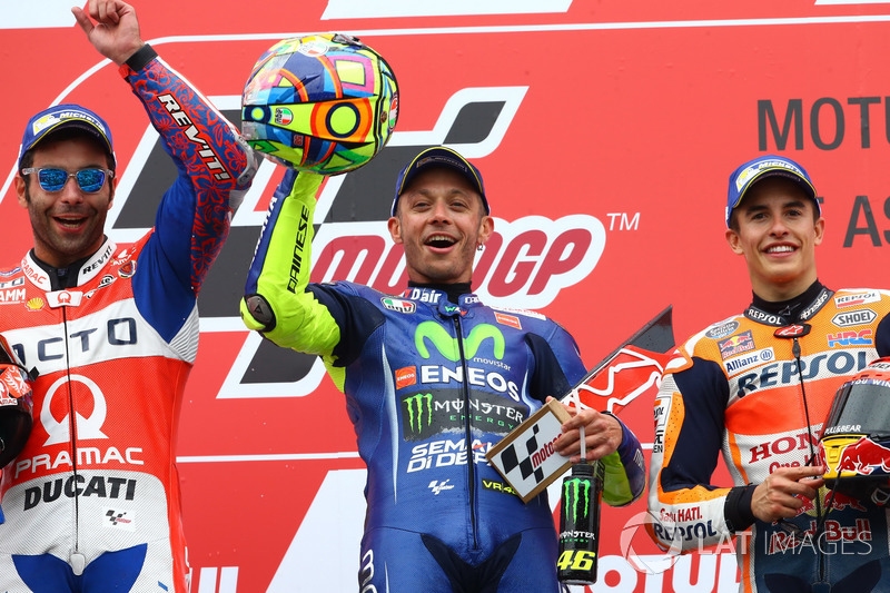 Podium: second place Danilo Petrucci, Pramac Racing, Race winner Valentino Rossi, Yamaha Factory Racing, third place Marc Marquez, Repsol Honda Team