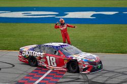 Kyle Busch, Joe Gibbs Racing, Toyota Camry Skittles Red White & Blue celebrates after winning