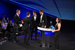 Charles Leclerc, Lando Norris and George Russell on stage