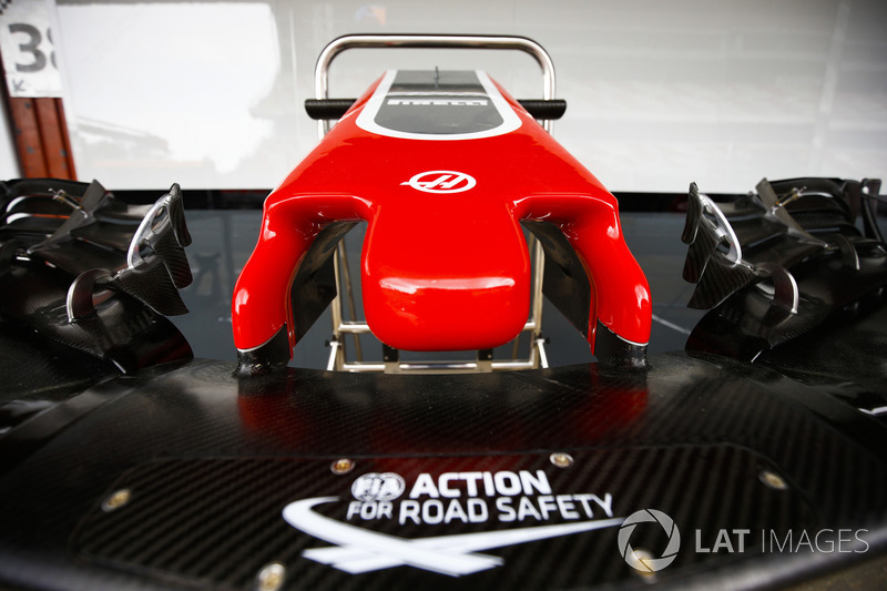 The logo for the FIA's Action For Road Safety is displayed on the nose of a Haas F1 Team VF-18