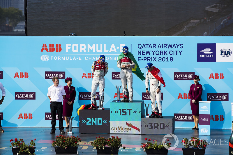 Daniel Abt, Audi Sport ABT Schaeffler,Lucas di Grassi, Audi Sport ABT Schaeffler, Sébastien Buemi, Renault e.Dams, celebrate on the podium after the race