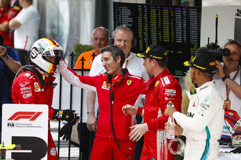 Race winner Sebastian Vettel, Ferrari, Inaki Rueda, Race Strategist, Ferrari, Kimi Raikkonen, Ferrar