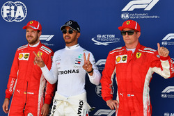 Sebastian Vettel, Ferrari, Lewis Hamilton, Mercedes-AMG F1 and Kimi Raikkonen, Ferrari celebrate in parc ferme