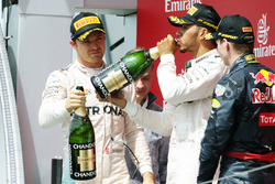 The podium (L to R): Nico Rosberg, Mercedes AMG F1, second; Lewis Hamilton, Mercedes AMG F1, race winner; Max Verstappen, Red Bull Racing, third