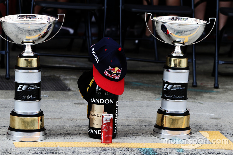 The trophies for race winner Max Verstappen, Red Bull Racing