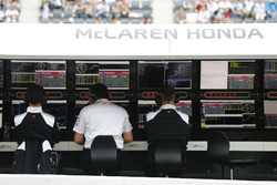 Eric Boullier, directeur de course, McLaren, sur le muret des stands avec l'équipe McLaren