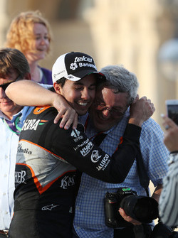 Sergio Perez, Sahara Force India F1 celebrates his third position